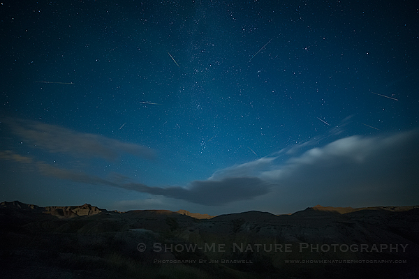 Perseid Meteors fly over the Badlands NP
